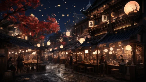 Asian Street Night Scene with Lanterns and Festive Atmosphere