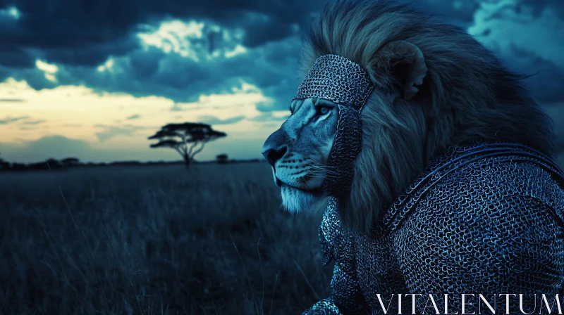 AI ART Armored Lion Contemplating Sunset