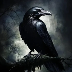 Black Raven Perched on Tree Branch