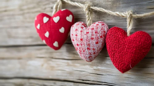 Three Red Hearts Hanging on Rope