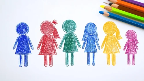 Childlike Stick Figures Drawing with Pencils