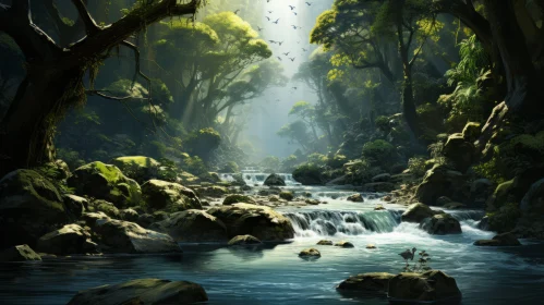Enchanting Forest with Flowing Stream - Mystical Fantasy Artwork