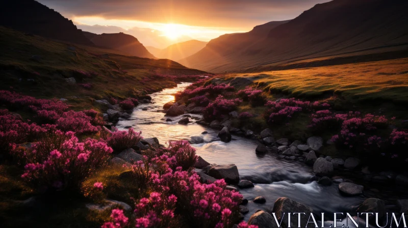 Enchanting Sunset Over a Serene Valley with Purple Flowers AI Image