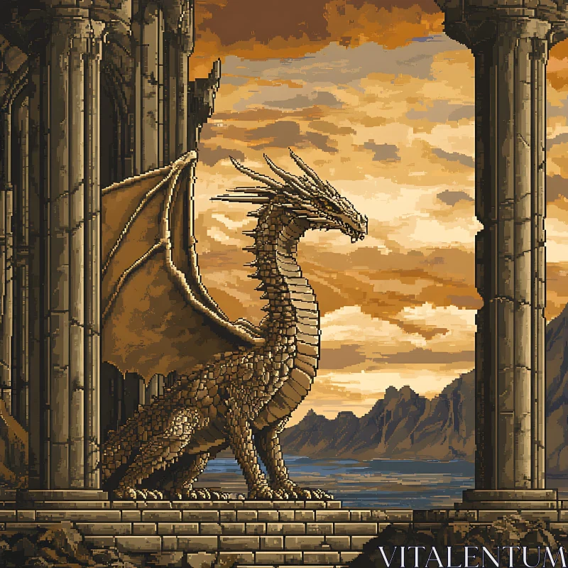 AI ART Stone Dragon Overlook Pixel Art