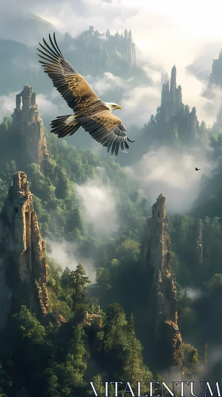 Eagle's Journey Through Mystical Peaks AI Image