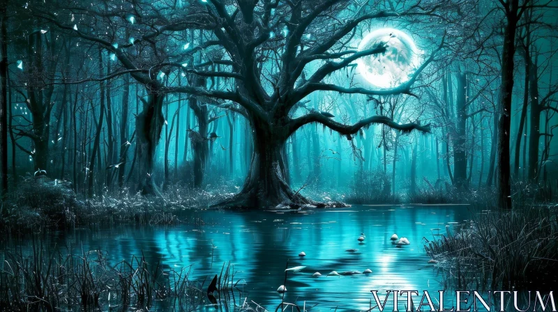 Moonlit Forest at Night: A Serene Landscape AI Image