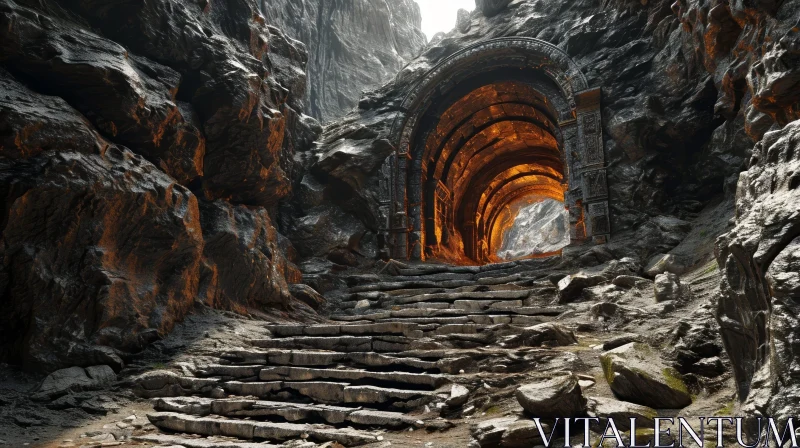 Mysterious Cave with Glowing Doorway and Strange Carvings AI Image