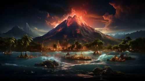 Mysterious Island with Volcano and People - Enchanting Realms