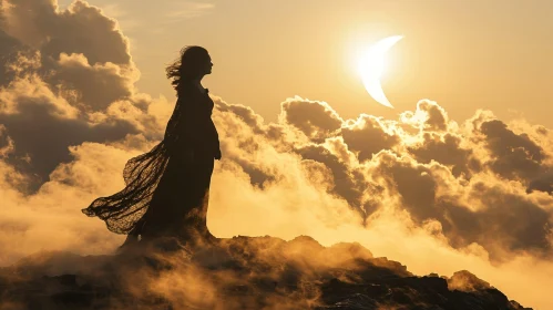 Powerful Sunset Portrait: Woman on Cliff with Flowing Dress