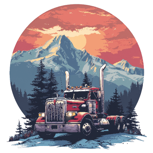 Red Semi Truck Driving Through Mountain Pass at Sunset POD Design