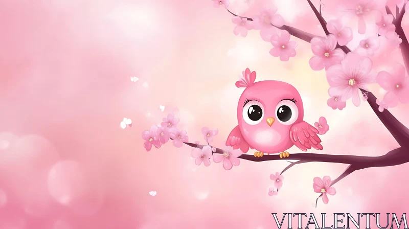 AI ART Cute Pink Bird on Flowering Branch