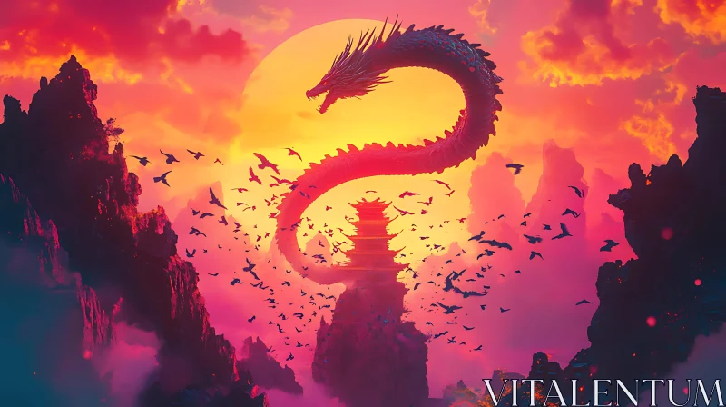 AI ART Sunset Dragon and Ancient Pagoda