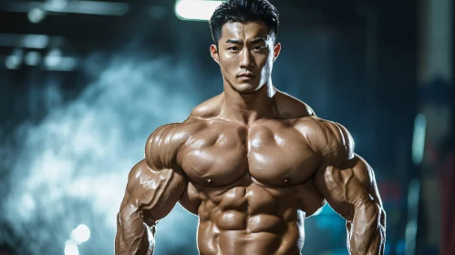 Asian Bodybuilder Flexing Muscles