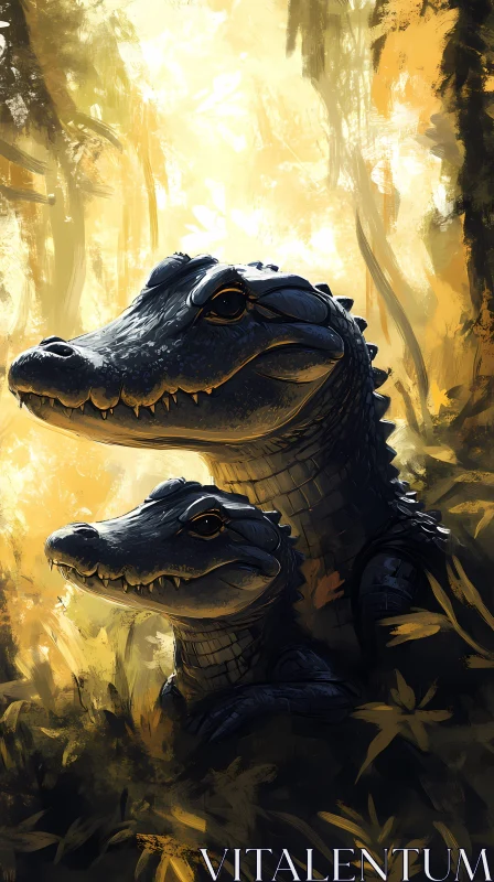 Forest Alligators Amidst Golden Glow AI Image