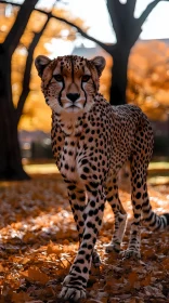 Cheetah Walking Through Autumn Leaves