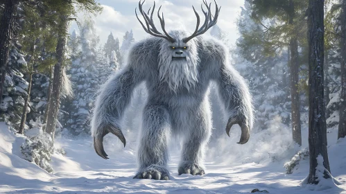 Antlered Yeti in Snowy Forest