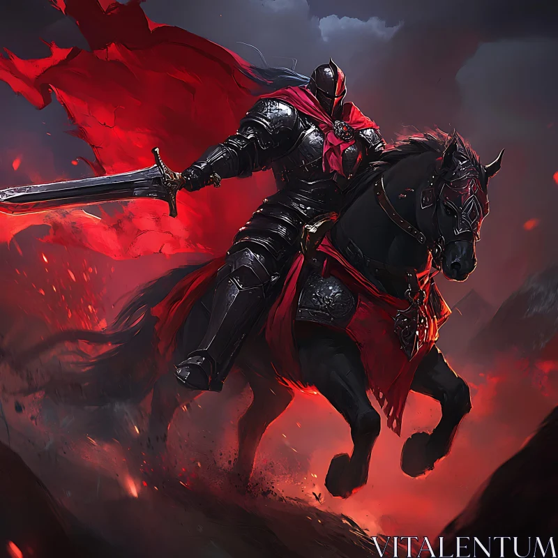 Medieval Knight Riding a Black Horse AI Image