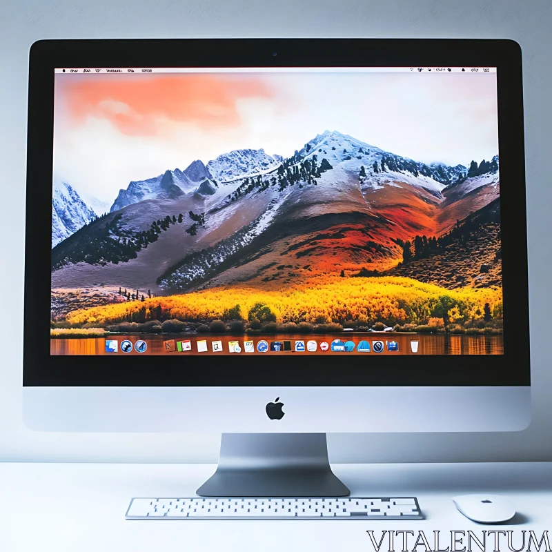 iMac Displaying Mountainous Autumn Scenery AI Image