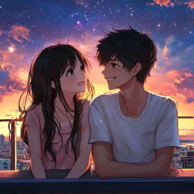 Romantic Anime Illustration: Sunset Meeting