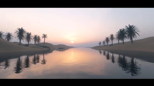 Peaceful Evening Scene with a Sunset and Palm Trees