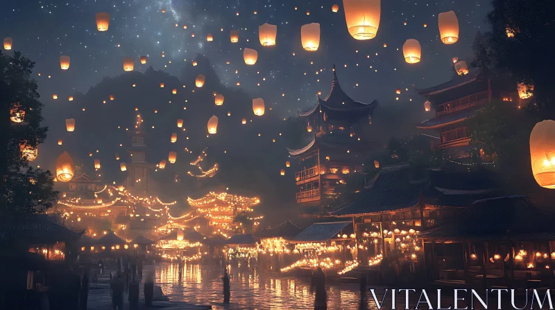 Floating Lanterns Over Asian City AI Image