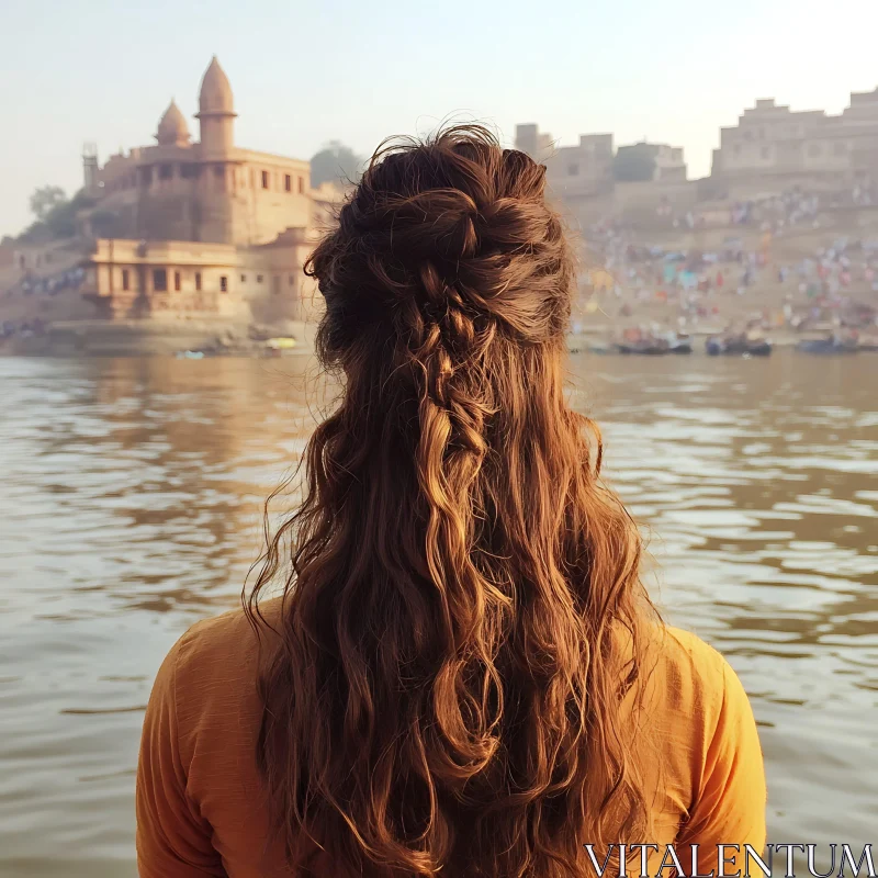 Riverside View with Woman and Architecture AI Image