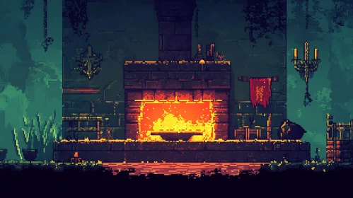 Glowing Fireplace in Pixel Art Style