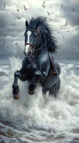 Black Horse Galloping Through Waves