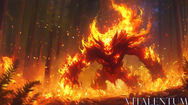 AI ART Infernal Being in Flame-Engulfed Woodland