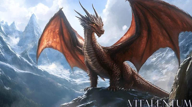 AI ART Crimson Dragon Overlooking Snowy Mountains