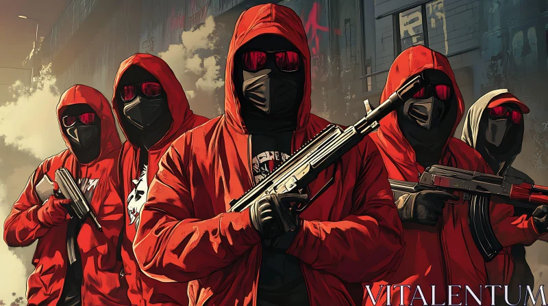 AI ART Urban Vigilantes: Hooded Figures with Weapons