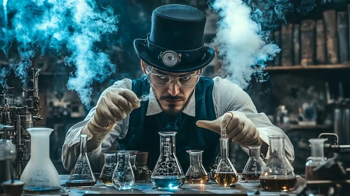 Mad Scientist in Steampunk Lab