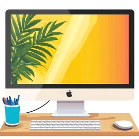 Sleek Desktop Computer with Yellow-Orange Wallpaper and Plant