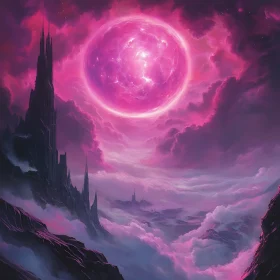 Fantasy Landscape with Pink Moon and Castle