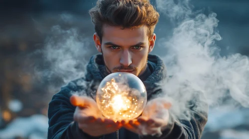 Man Holding Magic Light Sphere