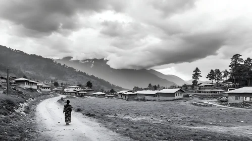 Grayscale Mountain Village Landscape