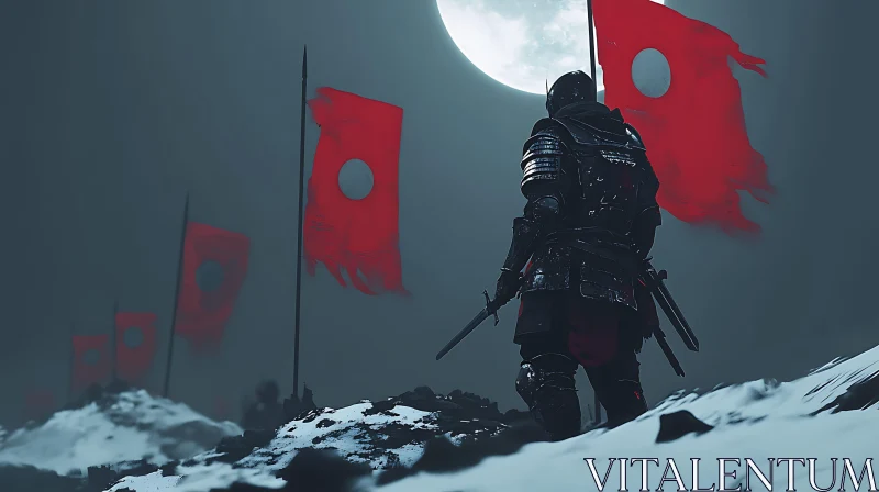 AI ART Moonlit Samurai on Snowy Hill