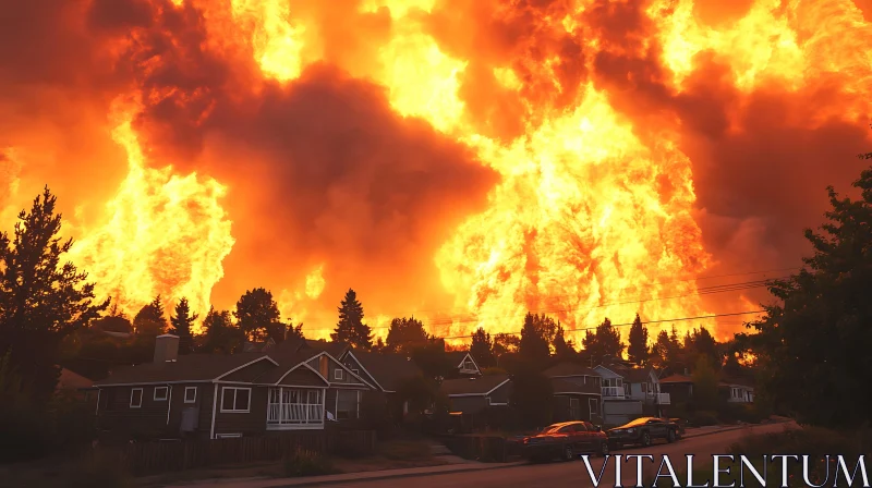 Raging Wildfire Engulfs Suburban Area AI Image