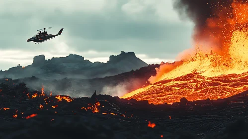 Helicopter over Iceland Volcano
