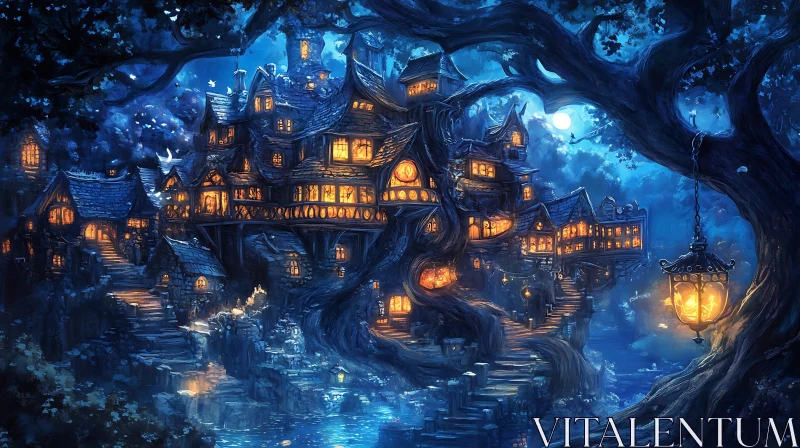 Fantasy Tree Village at Night AI Image