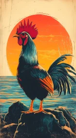 Illustrated Rooster Silhouette at Sunset