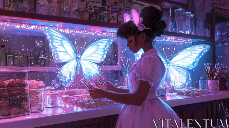 Neon Butterfly Dreamscape with Woman AI Image