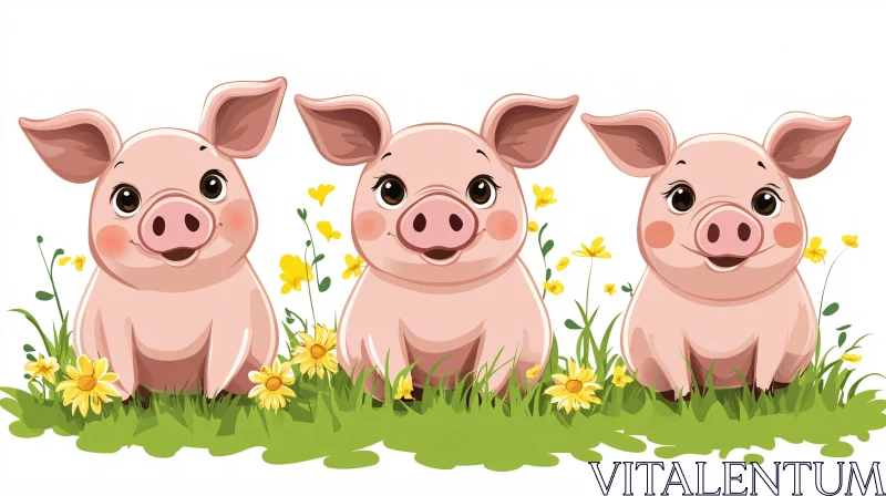 Cute Cartoon Piglets with Flowers AI Image