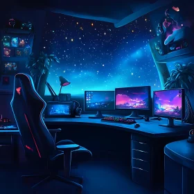 Futuristic Gaming Desk with Multiple Monitors and Starry View