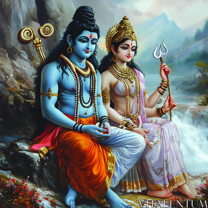 Divine Couple by Waterfall Painting AI Image