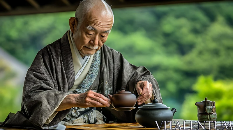 Elderly Man Preparing Tea with Teaware AI Image