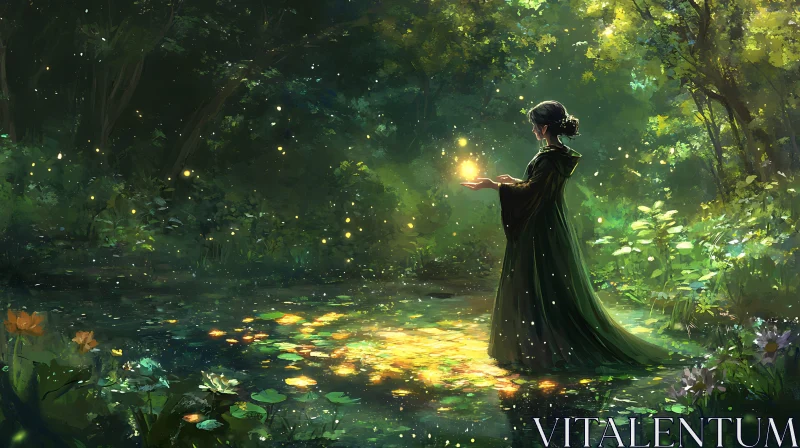 AI ART Mystical Forest Scene with Woman and Light