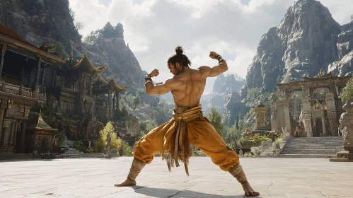 Martial Artist in Mountain Temple Landscape