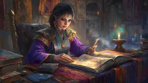 Enchantress Reading by Candlelight Illustration