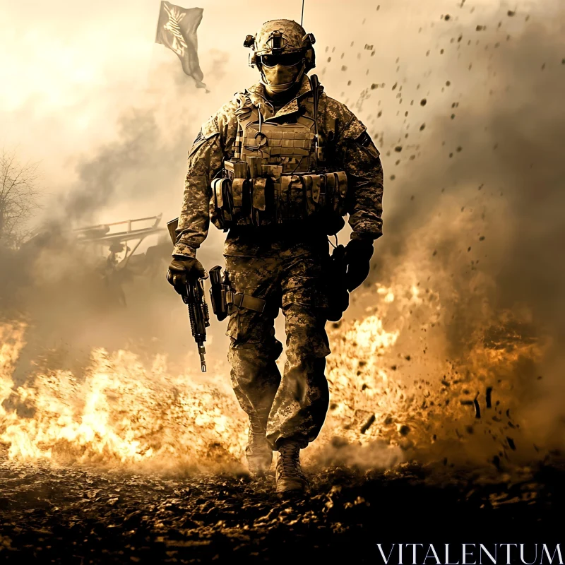 Soldier Walking Through Fire AI Image